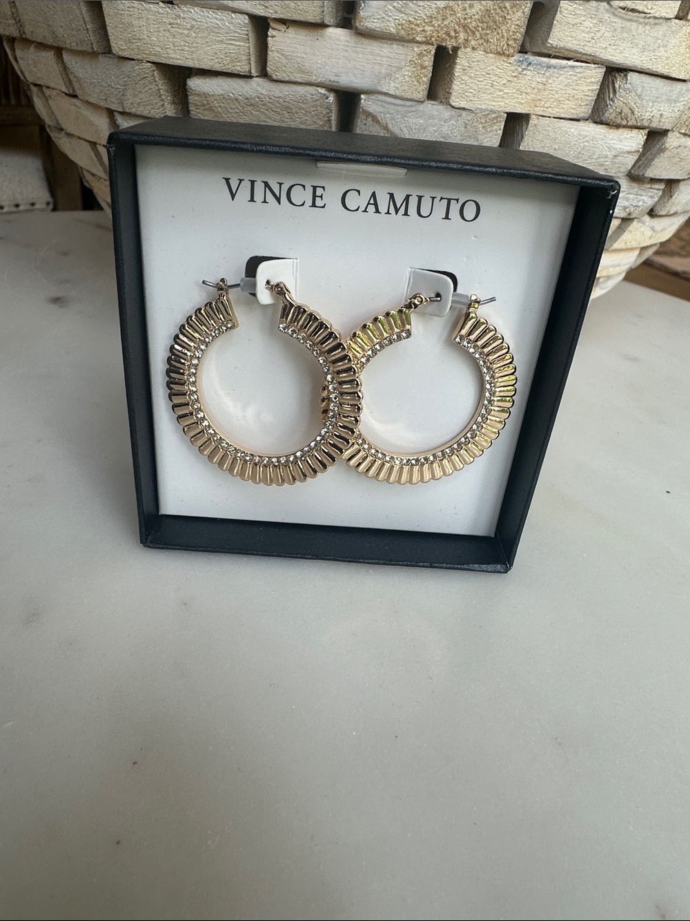 Vince Camuto $58 MSRP Two-Tone Ribbed Hoop Earrings with diamonds
